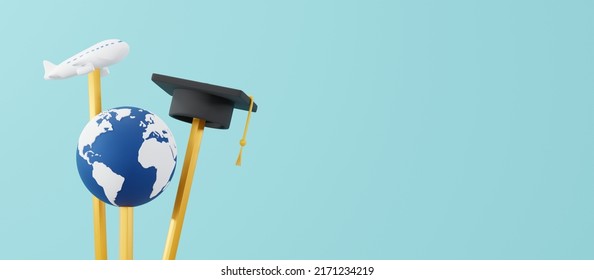 Pencils with world plane and graduation cap with copy space 3D render - Powered by Shutterstock