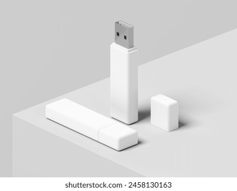 Pendrive. Isolated on white background. USB flash drive. Data storage device. Pen drive. Display stand. Mockup. Blank. 3d illustration.
