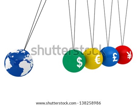 Pendulum of 3D spheres with globe and the currency - symbolizes the impact of the global economy to changes in exchange rates 