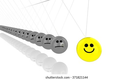 Pendulum with countless grey smiley spheres and one yellow happy face