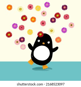 Ein Pinguin tanzt im Regen von Blumen 
