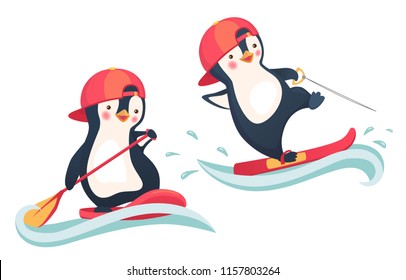 Penguin Floating On SUP Board. Penguin Water Skiing. Paddle Board. Water Sports And Activities Illustration