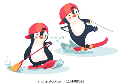 Penguin Floating On SUP Board. Penguin Water Skiing. Paddle Board. Water Sports And Activities Illustration