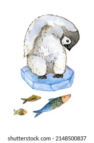 Penguin On An Ice Floe Looks At The Fish. A Young Baby Penguin With A Fish. Watercolor Illustration Of An Antarctic Bird On A White Background