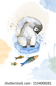 Penguin On An Ice Floe Looks At The Fish. A Young Baby Penguin With A Fish. Watercolor Illustration Of An Antarctic Bird On A White Background With Multicolor Blots