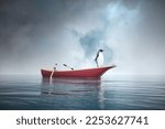 Penguin on a red boat in the ocean. Travel and journey concept. This is a 3d render illustration.