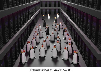 Penguins in datacenter. 3d illustration.