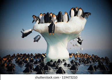 Penguins Falling From The Melting Iceberg
