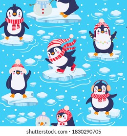 Penguins Seamless Pattern. Cute Baby Penguins In Winter Clothing And Hats, Christmas Arctic Animal, Kids Textile Or Wallpaper  Texture. Characters Standing On Piece Of Ice In Cold Water