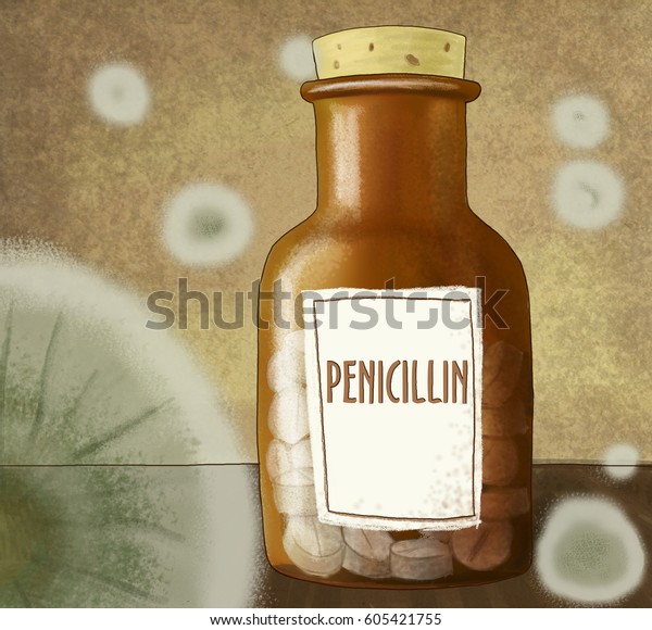 Penicillin in a bottle with\
mold stains