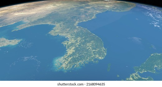 Peninsular region of Korea in Earth Planet. Aerial View. 3d rendering - Powered by Shutterstock