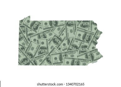 Pennsylvania State Map Outline And United States Budget And Money Concept, Hundred Dollar Bills