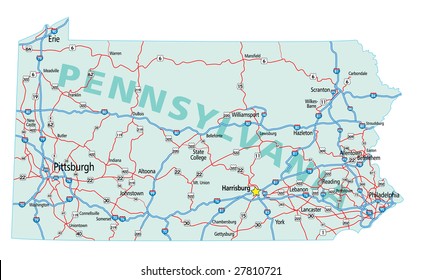 Pennsylvania state road map with Interstates and U.S. Highways. All elements on 4 separate layers (State Fill, State Outline, Roads, Cities) for easy editing.