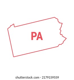 Pennsylvania US state map red outline border. illustration isolated on white. Two-letter state abbreviation.