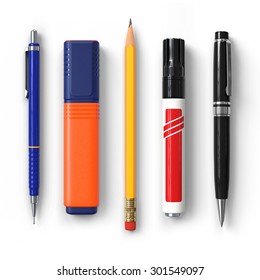 Pen.Pencil.Marker.Highlighter.Ballpoint.Set.Realistic 3D rendering.Isolated on white background.Top view. 