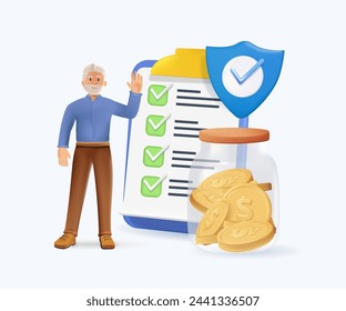 Pension scheme isolated concept 3D 
illustration. Pension fund, retirement plan, employee money, old businessman, piggy bank, glass jar, workers earnings, finance adviser 3D concept - Powered by Shutterstock