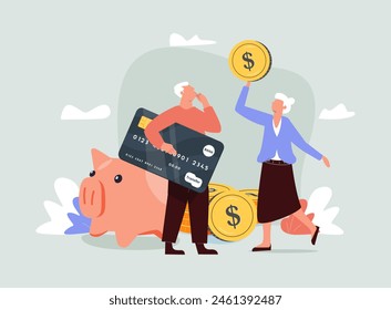 Pension scheme isolated concept illustration. Pension fund, retirement plan, employee money, old businessman, piggy bank, glass jar, workers earnings, finance adviser concept. - Powered by Shutterstock