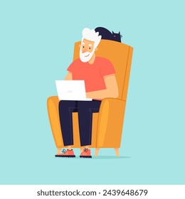 Pensioner surfing the Internet with a laptop. Flat illustration - Powered by Shutterstock