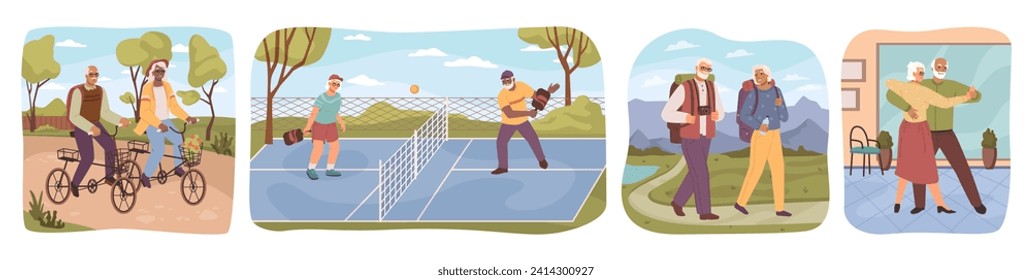 Pensioners doing sports and leading active lifestyle. Riding bicycle and playing tennis, hiking and taking dance classes with partner. old people in flat style - Powered by Shutterstock