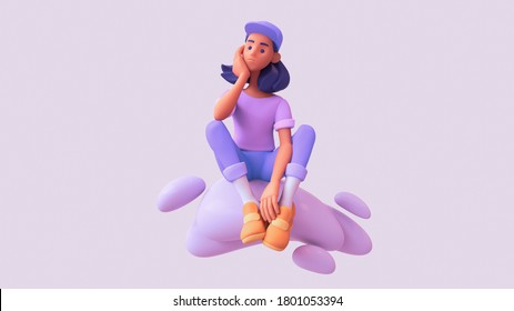 Pensive black girl sitting on clouds propping her face with her hand. Casual young girl with dark hair in purple t-shirt, blue jeans, orange sneakers, white socks and cap on her head. 3d illustration.