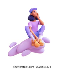 Pensive casual girl student in purple t-shirt, blue jeans, orange sneakers, white socks, cap sits on cloud thinks over decision and tries to make the right choice. 3d render isolated on white backdrop