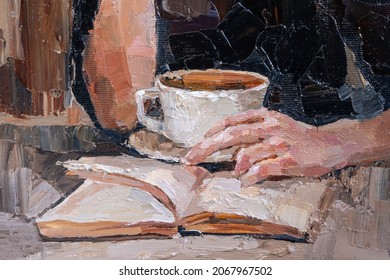 
Pensive girl in a cafe reads a book and drinks coffee. Woman drinking tea reading a magazine. Oil painting on canvas. Contemporary art. - Powered by Shutterstock