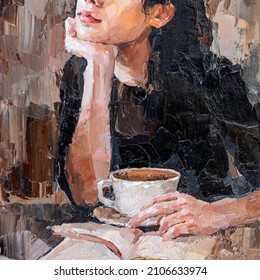 
Pensive girl in a cafe reads a book and drinks coffee. Woman drinking tea reading a magazine. Oil painting on canvas. Contemporary art. - Powered by Shutterstock