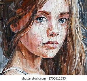 Pensive little girl with beautiful gray eyes and long hair. Created in the expressive manner with brush strokes, oil painting on canvas.                                                  - Powered by Shutterstock