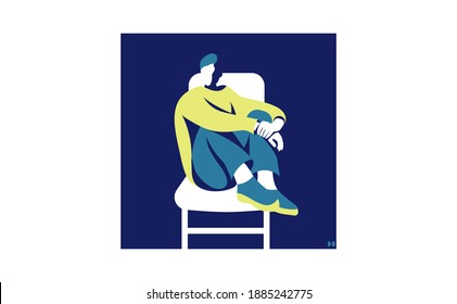 Pensively person sitting chair alone  One character being alone   thinking  Flat design  Copy space 