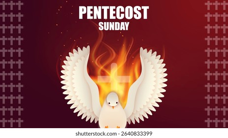 Pentecost Sunday Christian holiday Abstract Poster. Whit Sunday, Whitsunday or Whitsun Vector Illustration. Holy spirit or Holy Ghost. White dove flame graphic. Social media post, Prayer card, website - Powered by Shutterstock - Get 15% off with code: PIKWIZARD15