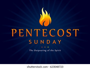 Pentecost Sunday fire banner. Invitation template the service of Pentecost in the form of text Pentecost Sunday and The Outpouring of the Spirit with a tongue of flame