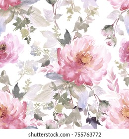 Peonies Bouquet Seamless Pattern. Watercolor Painting.