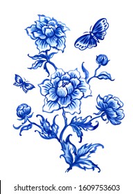 Peonies and butterflies, composition for painting in oriental style in blue tones, traditional cobalt painting of porcelain, ceramics, print for fabric, etc.