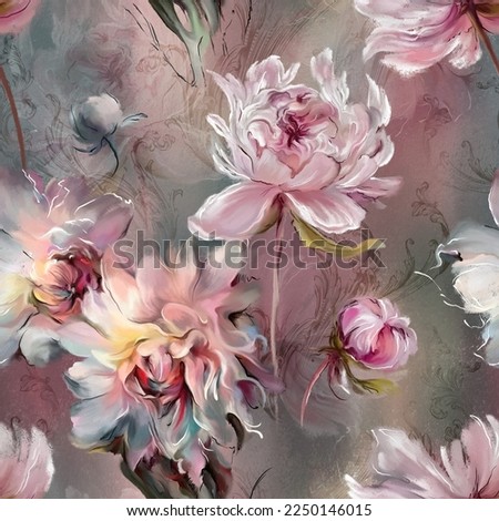 Peonies with monograms pattern, the picture is disassembled from four sides, the drawing is ready for use on textile paper