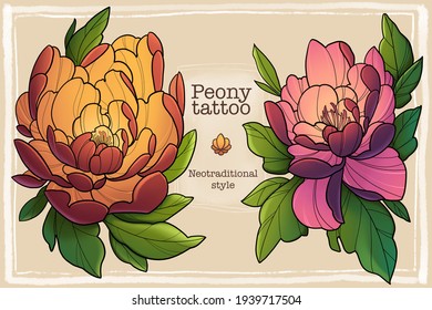 Peonies painted in tattoo style, neotraditional peonies