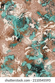 Peonies and roses flowers, leaves, branches and berries on coffee background. Eastern style. Design for textile, paper.