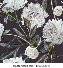 Peonies Seamless Pattern. Watercolor Background. 