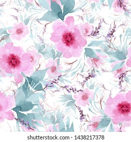 Peony floral botanical flowers. Wild spring leaf wildflower. Watercolor illustration set. Watercolour drawing fashion aquarelle. Seamless background pattern. Fabric wallpaper print texture.