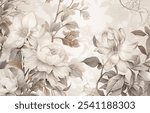 Peony flower, sepia color leaf, rococo style wallpaper, background, mural art, interior decor, victorian rococo style