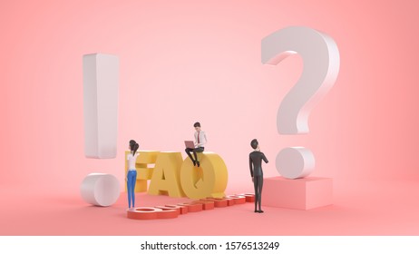People 3d Characters Standing near Exclamations and Question Marks. Woman and Man Ask Questions and receive Answers. Online Support center. Frequently Asked Questions Concept. 3d rendering illustratio