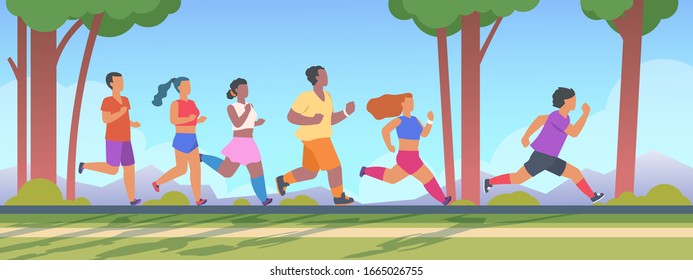 People 5K run. Men and women group running 5K distance, summer outdoor healthy exercises concept.  illustration runner man outrun woman sport activity