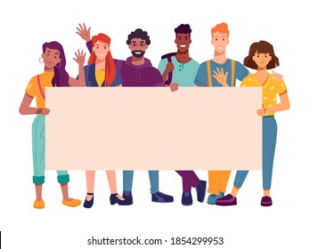 People activists holding placard banners, activism or peaceful protest. Happy crowd with banners on vote march, women and black men or students activists on public rights demonstration - Powered by Shutterstock