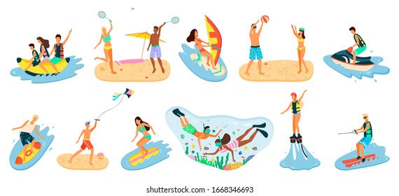 People activity relaxing by coastline raster, man and woman staying on beach, banana boat riding and playing tennis and volleyball, scuba diving snorkelling. Beach activities water sport - Powered by Shutterstock