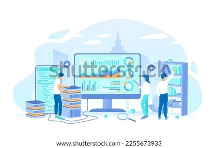 People analyze a lot of information. Working process, teamwork communication. Big Data Processing, Infographic, Analysis, Analytics, Financial reporting. Illustration flat style.	
