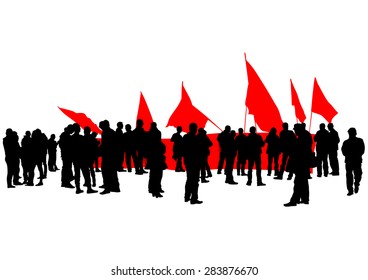 People of anarchia with large flags on white background