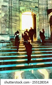 People Ascending By Mosque Steps To Light Through Doorway Illustration