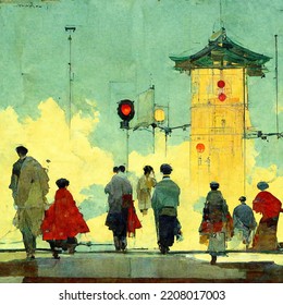 People In An Asian City Stand At An Intersection Waiting For A Green Traffic Light To Cross The Street, A Traditional Asian Building In The Background, A Warm Autumn Day.