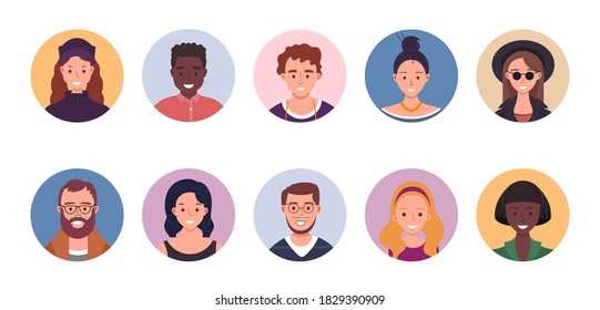 People avatar bundle set. User portraits. Different human face icons. Male and female characters. Smiling men and women characters. Flat cartoon style illustration