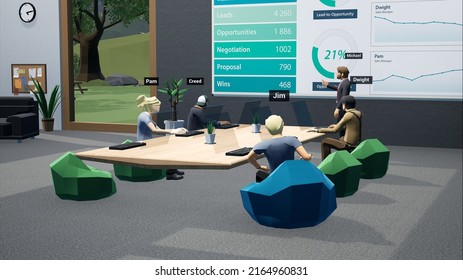 People As Avatars Having A Business Meeting In A Virtual Metaverse VR Office, Discussing Company Financial Sales Report Stats. Generic 3d Rendering