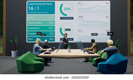 People As Avatars Having A Business Meeting In A Virtual Metaverse VR Office, Discussing Company Financial Sales Report Stats. Generic 3d Rendering